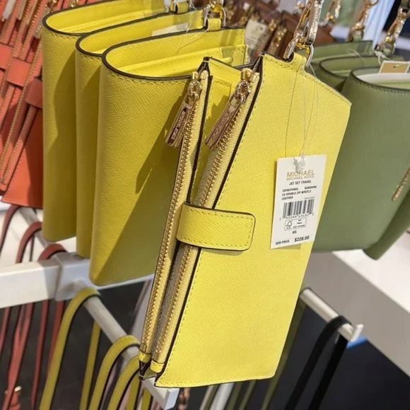 Michael Kors Jet Set Travel Large Double Zip Leather Wristlet Sunshine Yellow - Picture 13 of 16